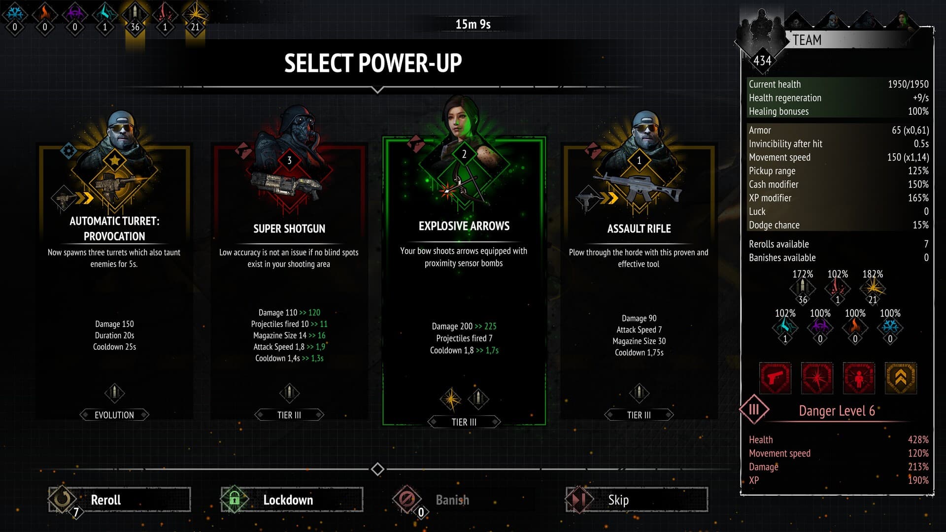 A run-level upgrade selection fills the screen over a zombie arena in Yet Another Zombie Survivors.