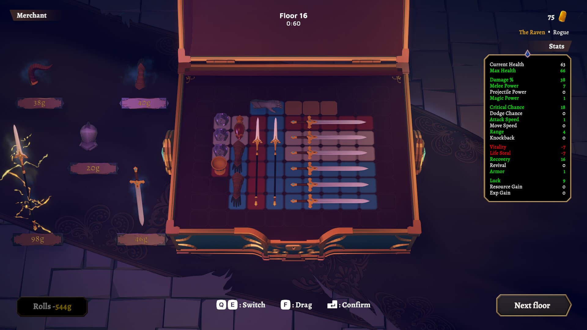 The God Of Weapons merchant screen shows weapons and accessories arranged in a limited backpack grid beside the character's stats.