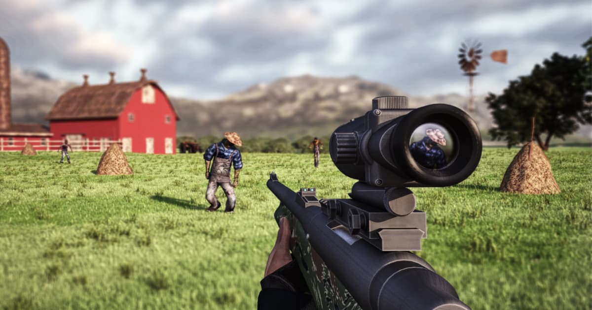 Dead Zed promotional art showing a scoped rifle aimed across a rural field toward zombies