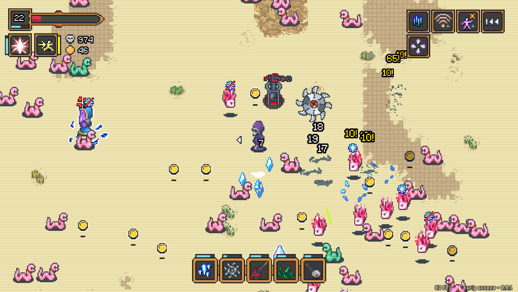 A pixel-art survivor stands amid pink monsters and coin pickups, with weapon and ability icons along the HUD.