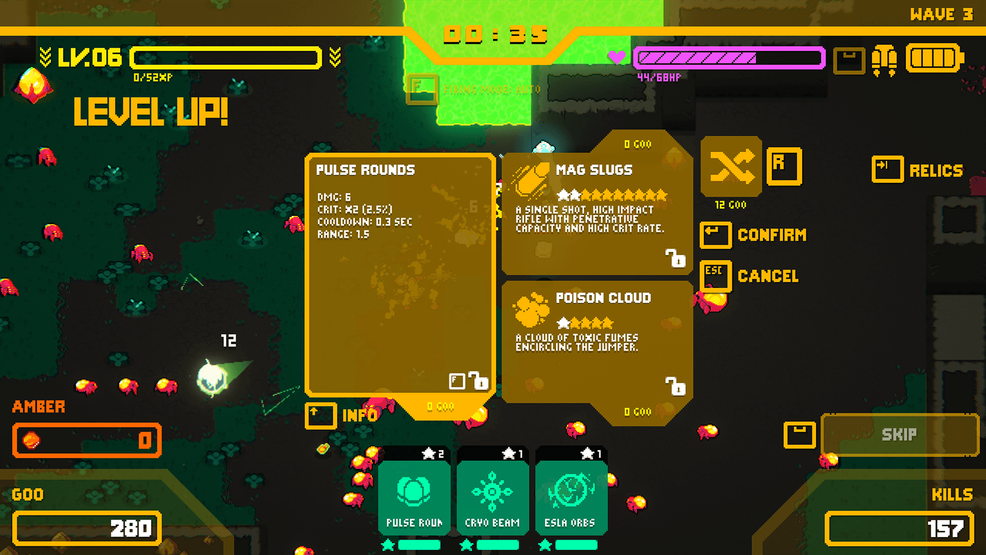 A Hive Jump 2: Survivors level-up menu offers pulse rounds, mag slugs, and poison cloud over an alien arena.