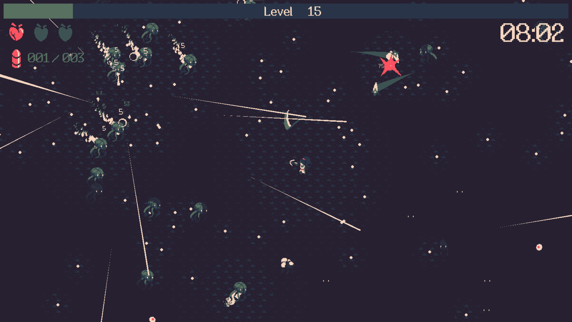 A pixel-art character fires through a crowded dark arena, with health, experience, and a level indicator visible.