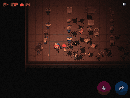 Death Road to Canadaのサバイバーが、がれきの散らばる部屋に立っています。ポーズアイコンと2つのタッチ操作ボタンが見えます。