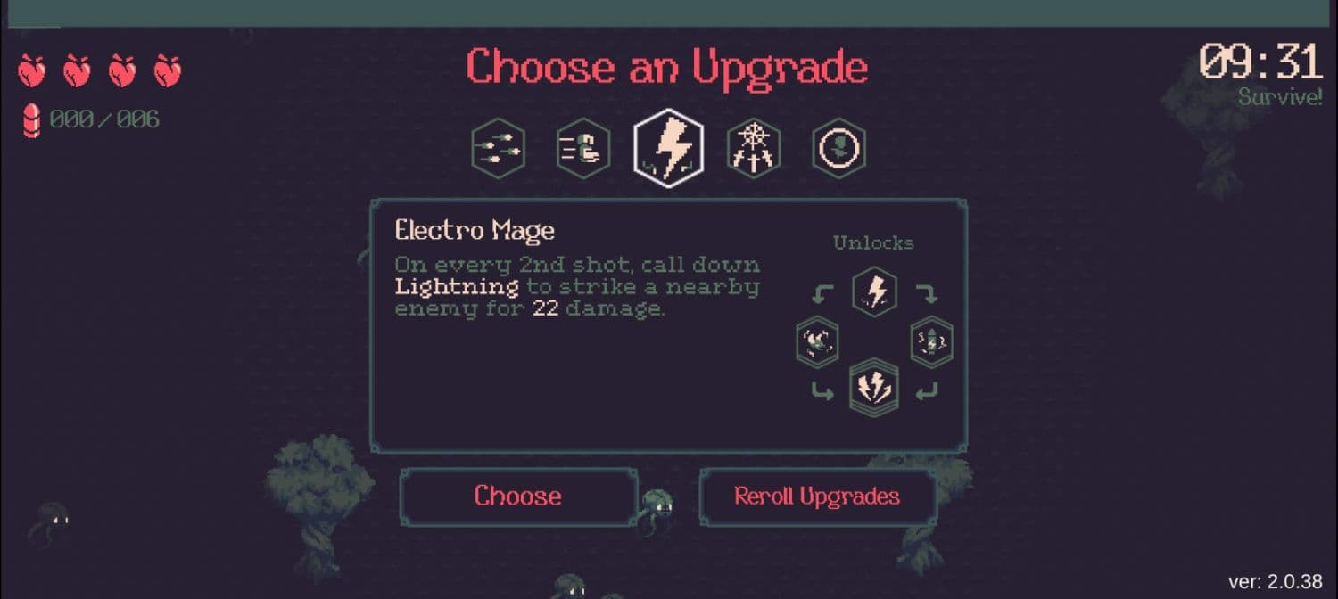 La pantalla de mejoras de 20 Minutes Till Dawn Premium en Android muestra Electro Mage, cinco iconos de mejora, cuatro corazones y un temporizador en 09:31.