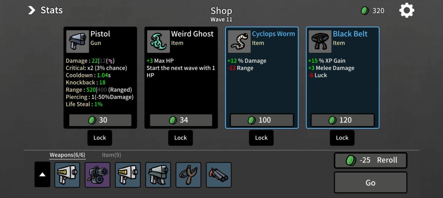 La tienda de la oleada 11 de Brotato Premium muestra una pistola, tres objetos que cambian estadísticas y seis armas equipadas.