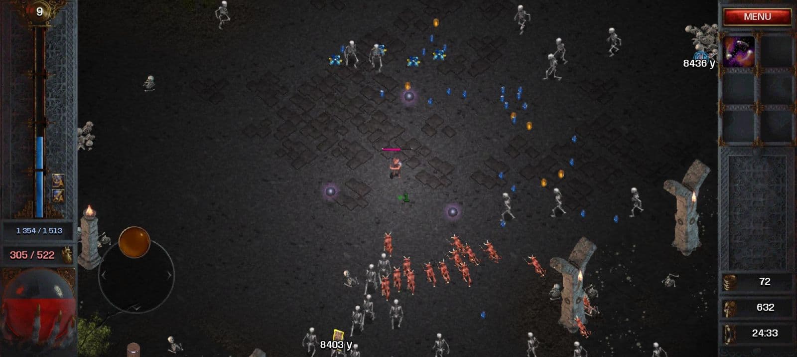 Un personaje de Halls of Torment se enfrenta a esqueletos y enemigos rojos en una sala de piedra; se ven un joystick virtual y el temporizador en 24:33.