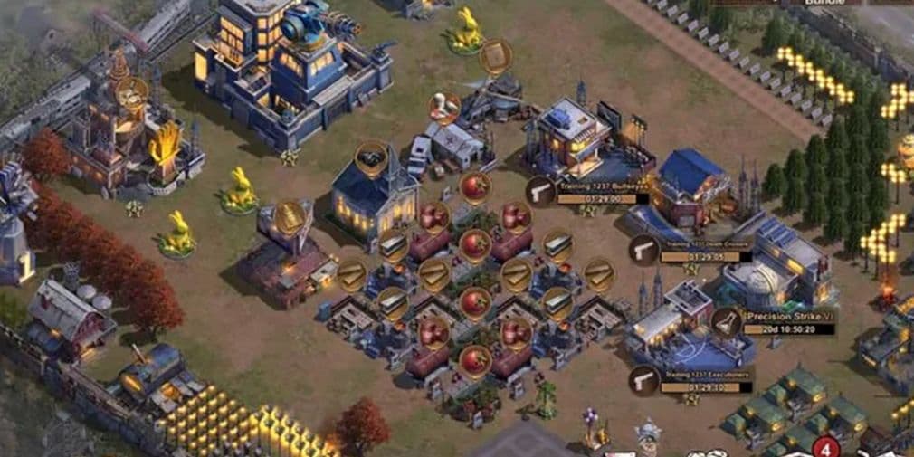 Ein Siedlungsplan in State of Survival ordnet Ressourcen-Gebäude und Farmen um ein zentrales Hauptquartier an.