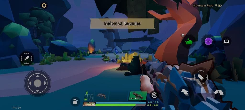 Gunfire Reborn Mobile zeigt Ego-Shooter-Gameplay auf Android mit Touch-Steuerung und dem Missionsziel „Alle Gegner besiegen“.