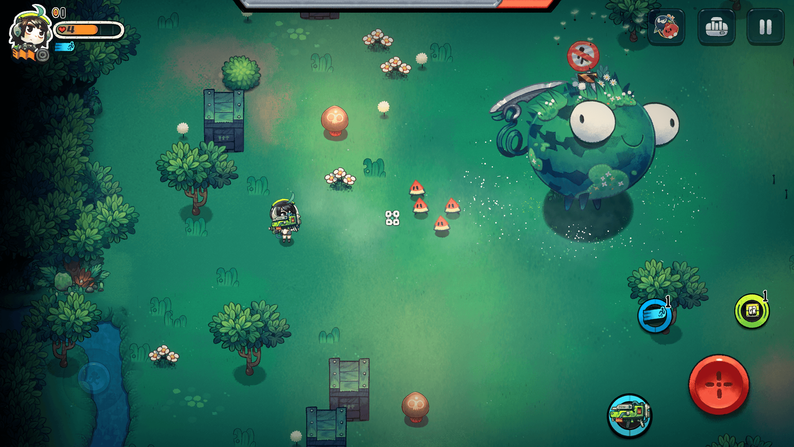 Android-Gameplay von Juicy Realm zeigt einen Fruchtbosskampf mit sichtbarem Bewegungs-Joystick und Angriffstasten.