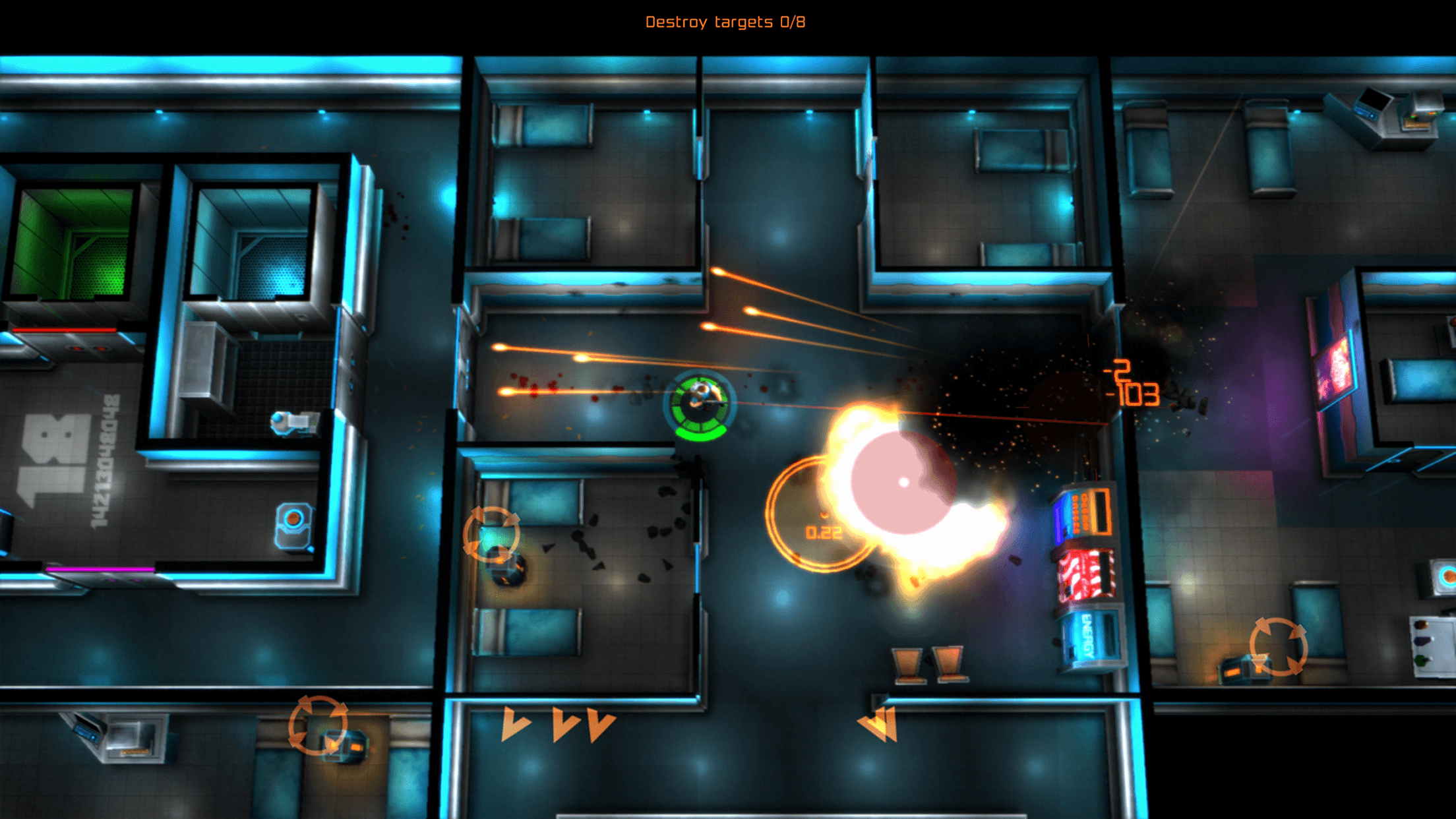 Android-Gameplay von Neon Chrome zeigt einen Twin-Stick-Kampf in einem blau beleuchteten Korridor mit dem Ziel „Ziele zerstören“.