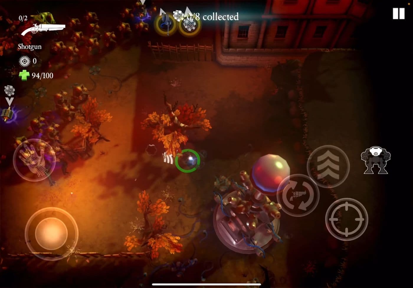 Android-Gameplay von Tesla Force zeigt eine Figur mit Schrotflinte, nahe Kreaturen sowie virtuelle Bewegungs- und Aktionstasten in einer Kampfarena.