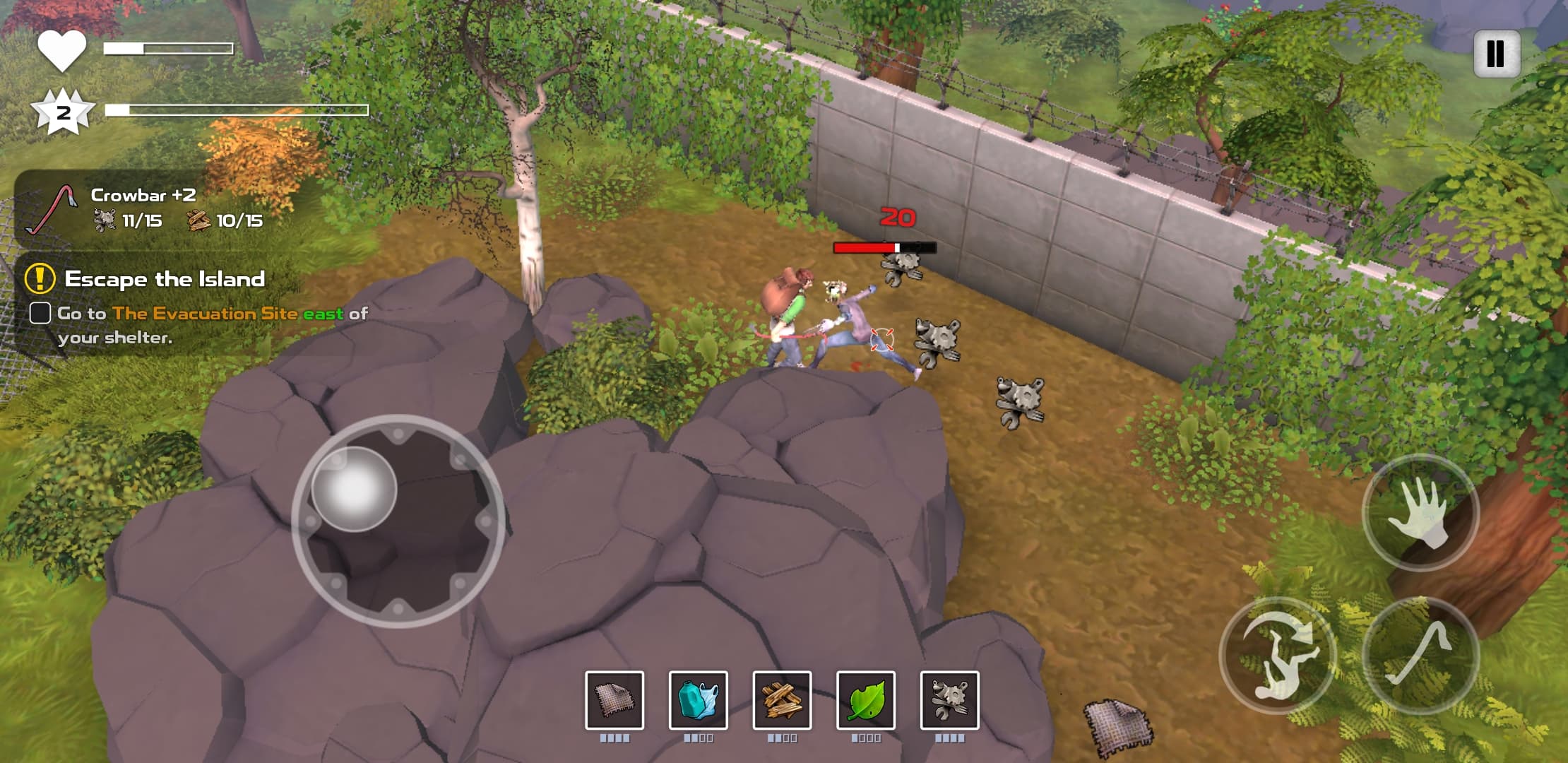 Mobiles DYSMANTLE-Gameplay: Ein Überlebender schwingt eine Brechstange gegen Kreaturen an einer verstärkten Mauer; virtueller Stick und Materialzahlen sind sichtbar.