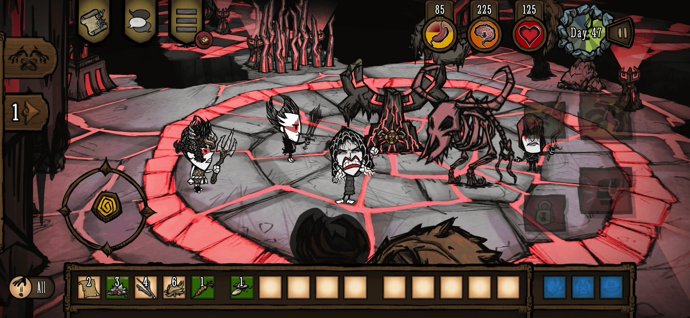 Don't-Starve-Together-Mobile-Gameplay: Überlebende kämpfen gegen einen Boss; Touch-Steuerung, Inventar und Überlebensanzeigen sind zu sehen.