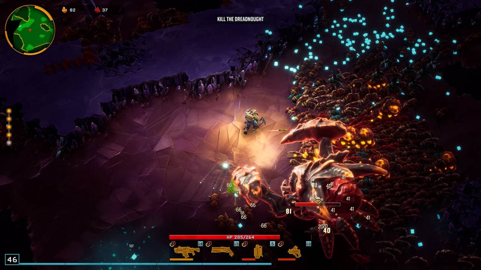 Ein Zwerg aus Deep Rock Galactic: Survivor kämpft neben dem Missionsziel und der Waffenübersicht gegen einen Schwarm.
