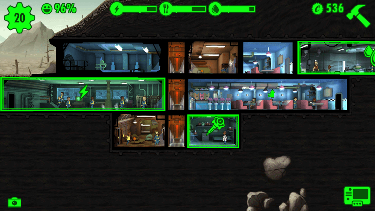 Android-Vaultübersicht von Fallout Shelter mit Produktionsräumen, Bewohnern und Ressourcenanzeigen.