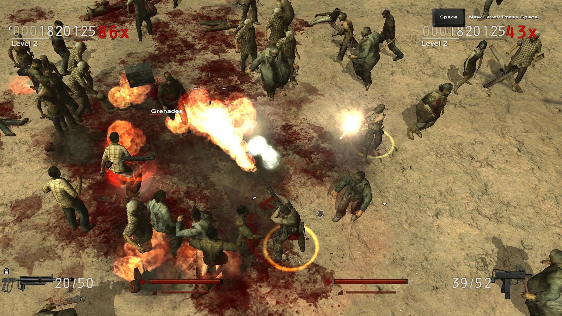 Multiple survivors fight zombies in a top-down arena, with health, weapon and score HUD visible.