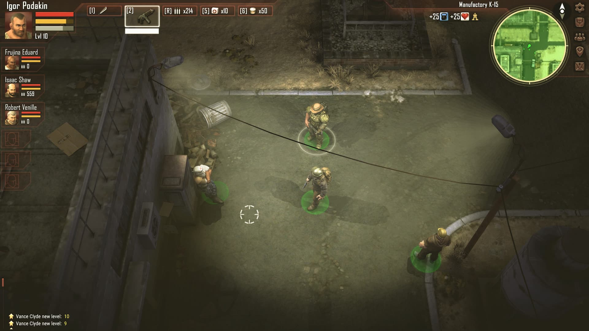 Decision: Red Daze isometric view of a survivor squad with weapon, health, and minimap interfaces.
