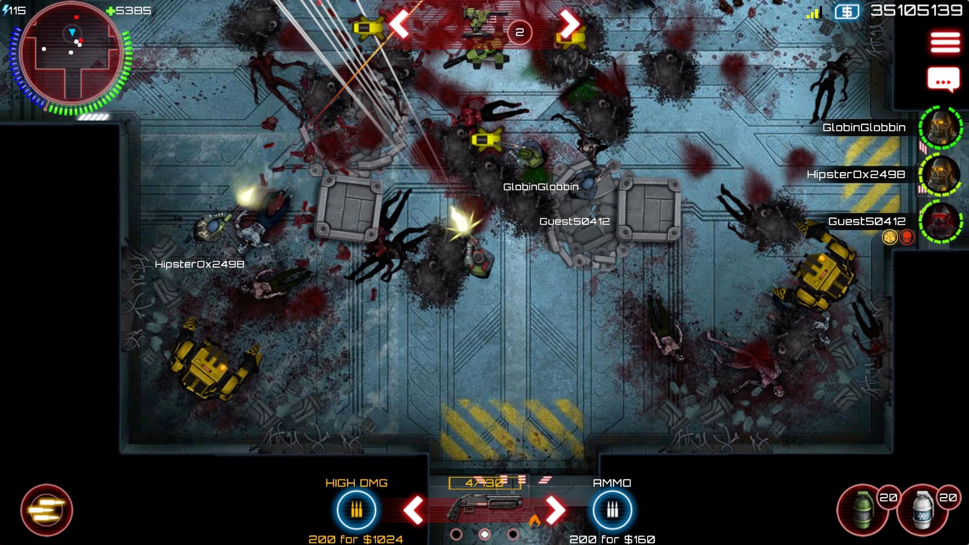 SAS: Zombie Assault 4 top-down co-op combat in an industrial corridor, with team names and the weapon HUD visible.
