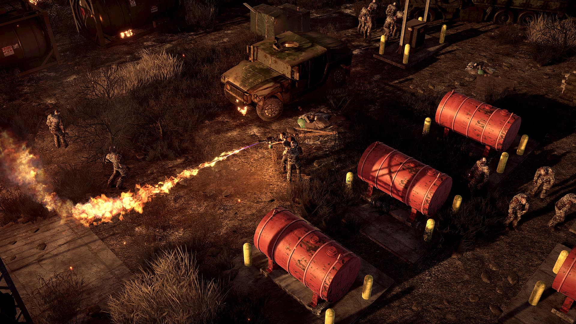 The Last Stand: Aftermath survivor firing a stream of flame at infected near a wrecked vehicle and fuel barrels.