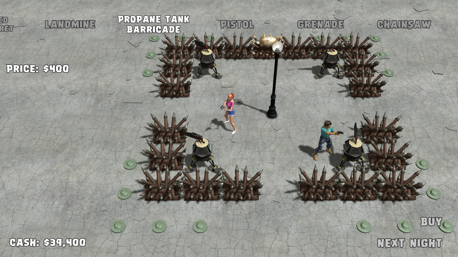 Yet Another Zombie Defense HD overhead defense setup with a survivor, spike barricades, mounted guns, and the day-phase shop.
