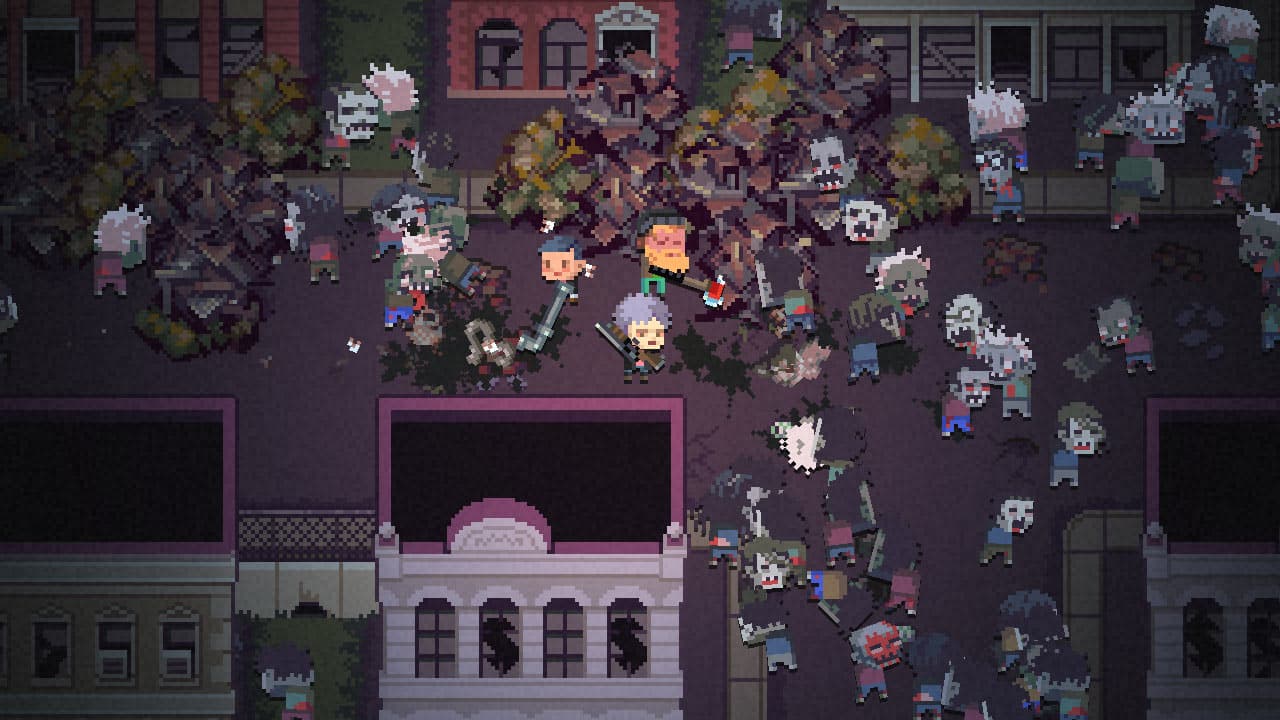 Eine Überlebendengruppe kämpft sich in der Steam-Version von Death Road to Canada durch eine Straße voller Zombies.