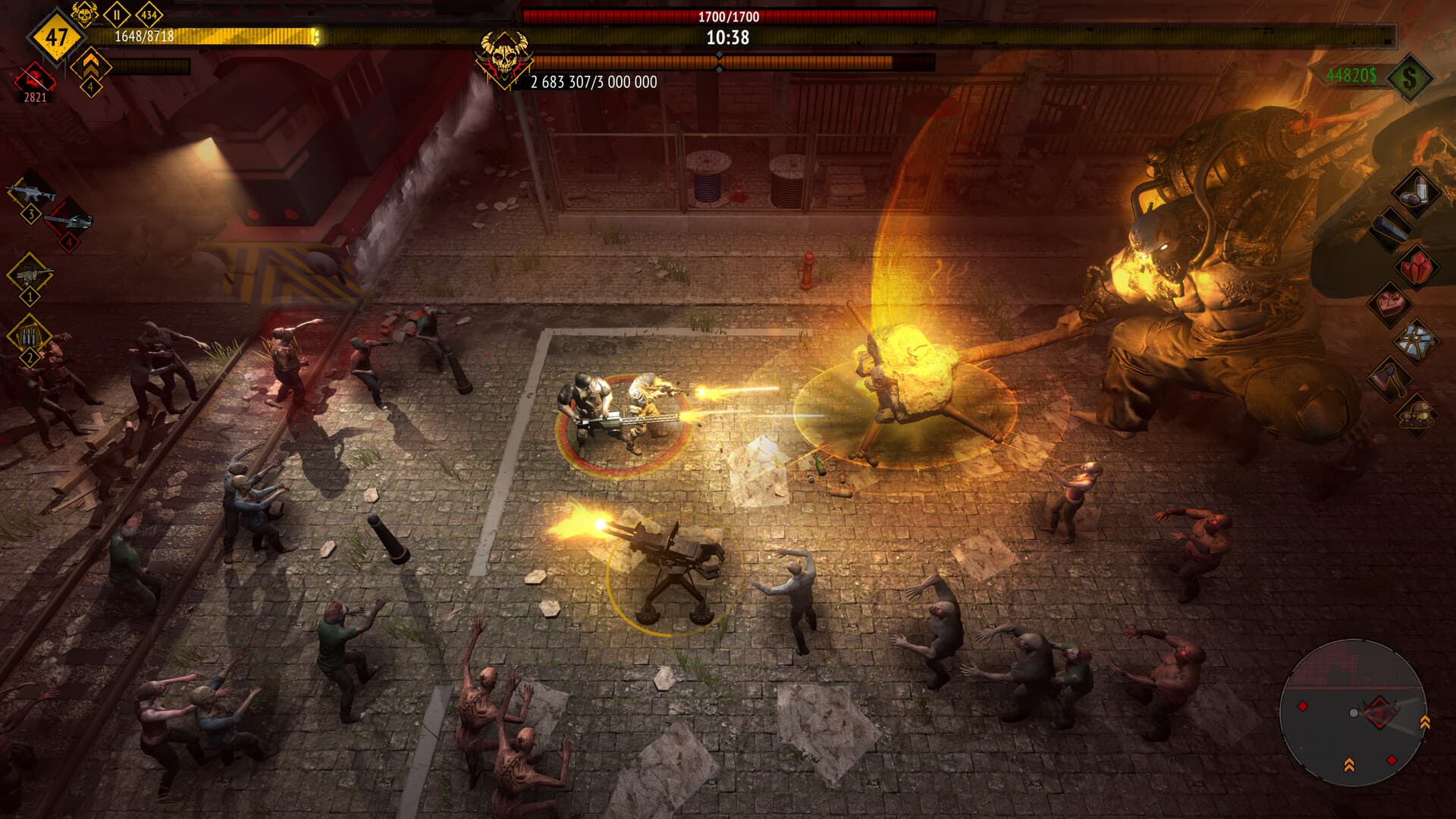 Yet Another Zombie Survivors — Un escuadrón dispara a un enemigo grande mientras se acercan zombis; se ve el HUD de combate.