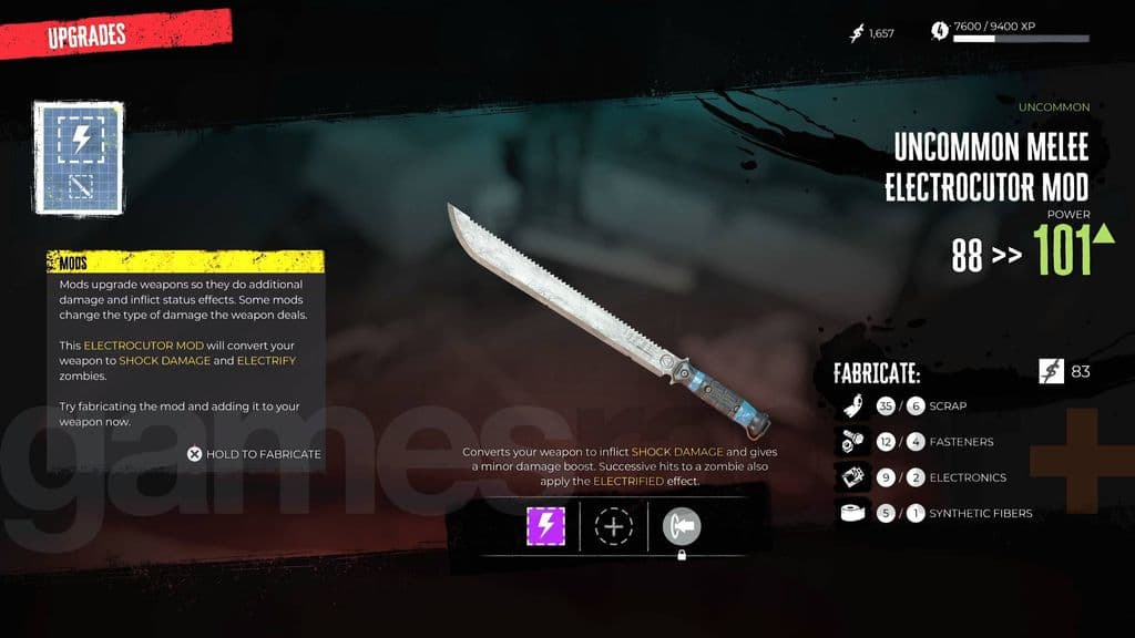 Herstellungsmenü für den Electrocutor-Mod in Dead Island 2 mit Klinge, Elektroschaden-Beschreibung und Anforderungen an Schrott, Befestigungsteile, Elektronik und Kunstfasern.