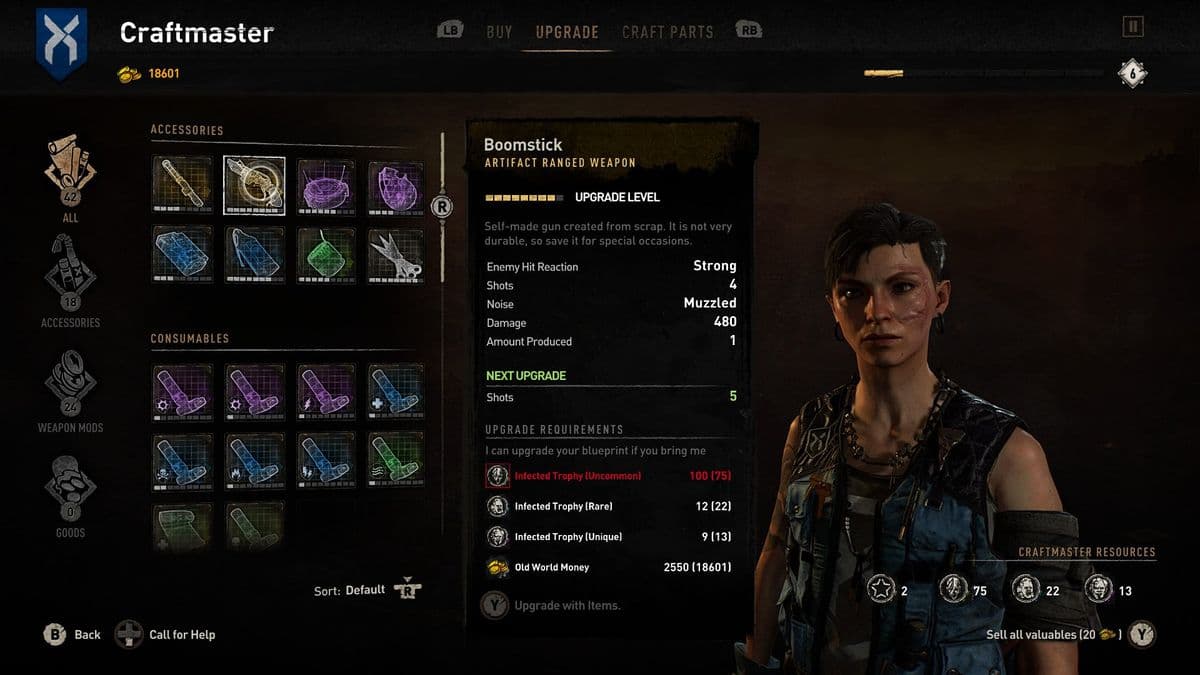 Upgrade-Menü eines Handwerksmeisters in Dying Light 2 mit dem Boomstick-Bauplan, seiner nächsten Verbesserung und dem Bedarf an Infiziertentrophäen und Geld aus der Alten Welt.
