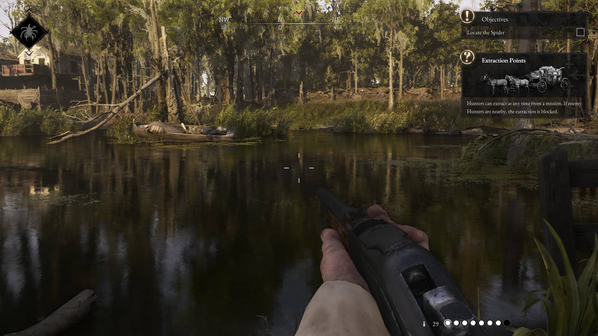 Ego-Perspektive in Hunt: Showdown 1896 nahe einem Boot mit einem Tutorialhinweis zu Extraktionspunkten