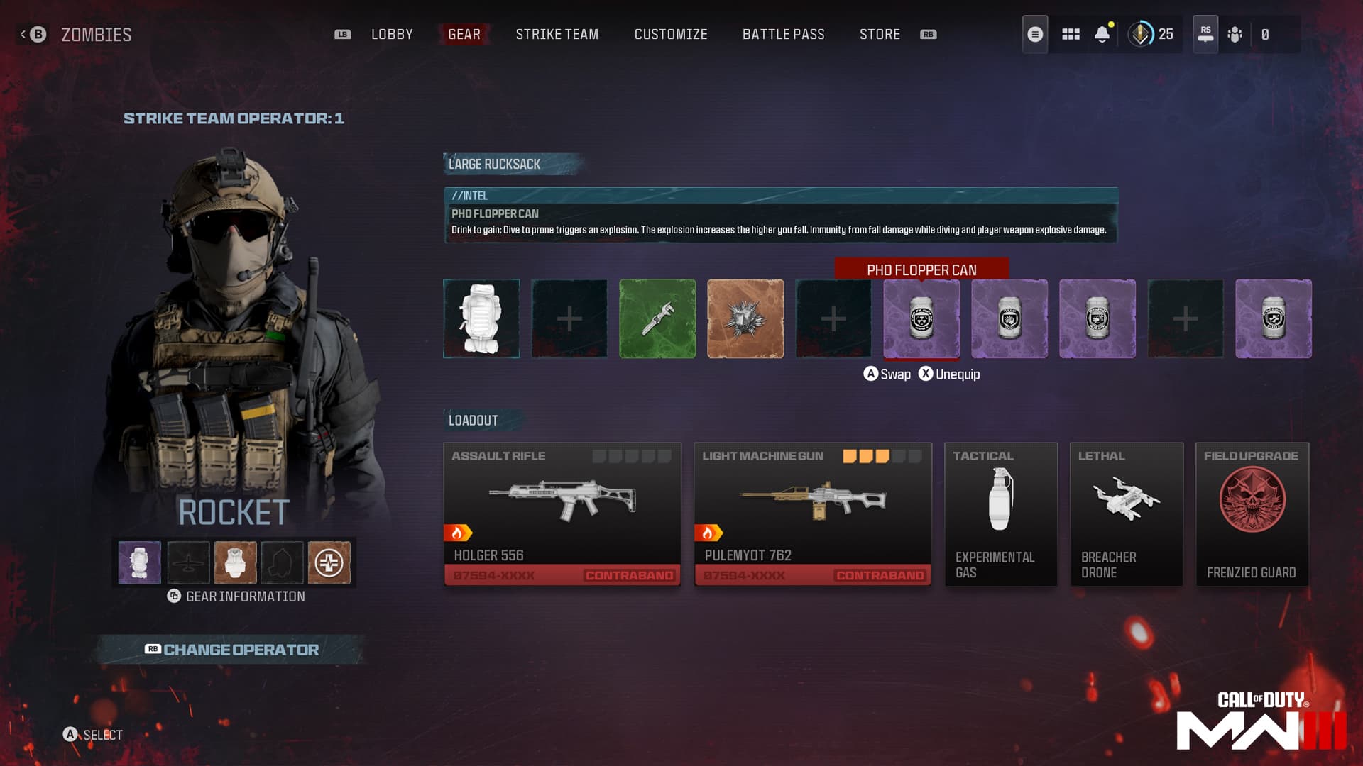 Ausrüstungsbildschirm von Modern Warfare III Zombies mit Rucksack, Perk-Gegenständen und Schmuggelwaffen