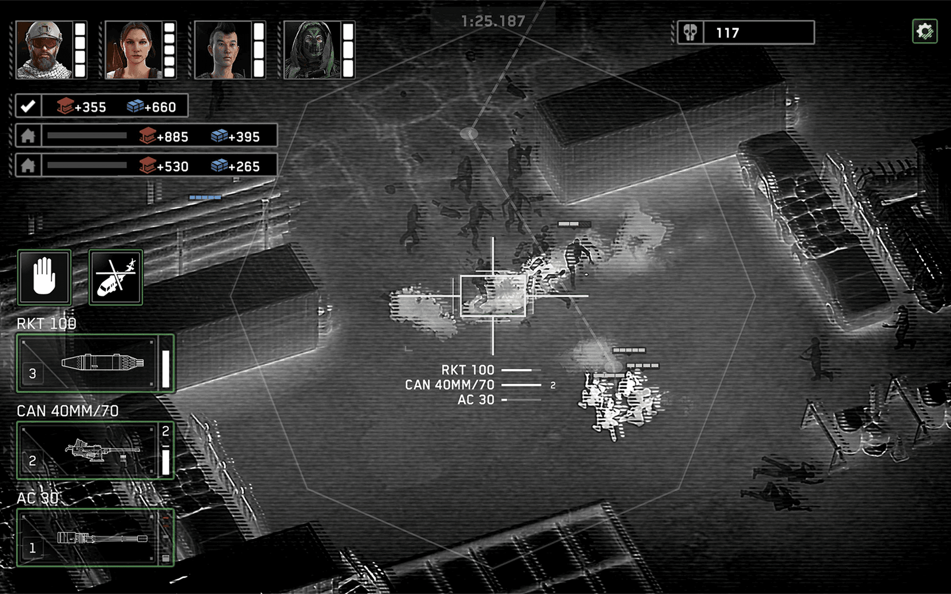 Mobiler Kampf in Zombie Gunship Survival mit vier Truppenporträts, Gebäude-Beutezählern und einem AC-130-Fadenkreuz über der Bodengruppe.