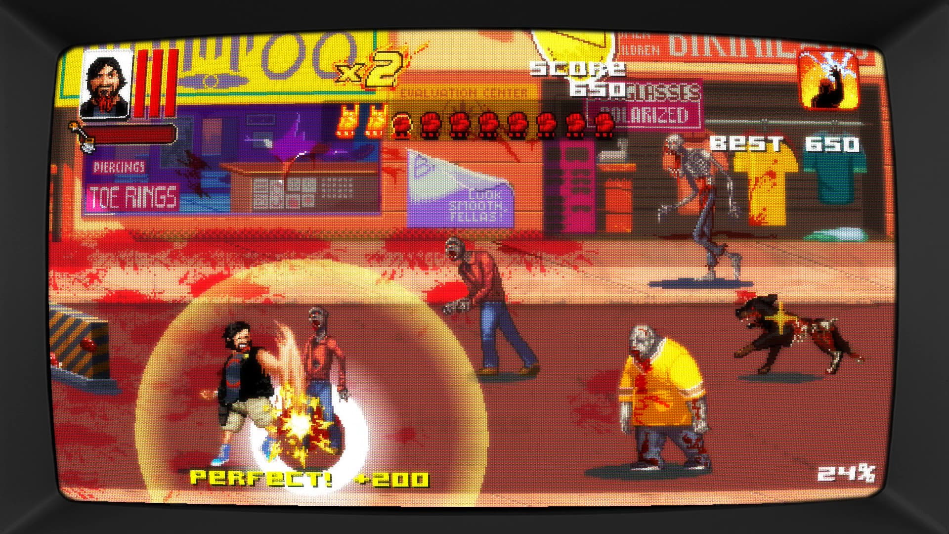 Max landet in Dead Island Retro Revenge einen Perfect-Treffer auf einen Zombie; Punktzahl, Kombo und Fortschritt stehen in einer Röhrenbildschirm-Ansicht.