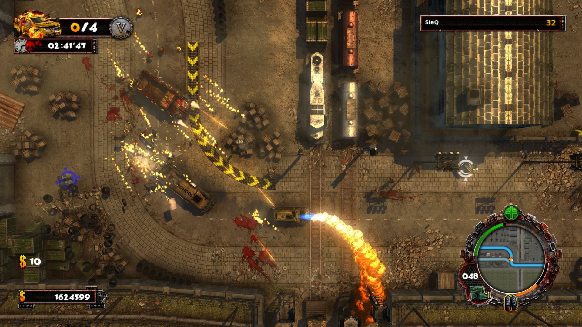 Fahrzeuge liefern sich neben einem Schulbus auf einer Blood-Race-Strecke in Zombie Driver HD ein Feuergefecht; Timer und Minikarte sind sichtbar.