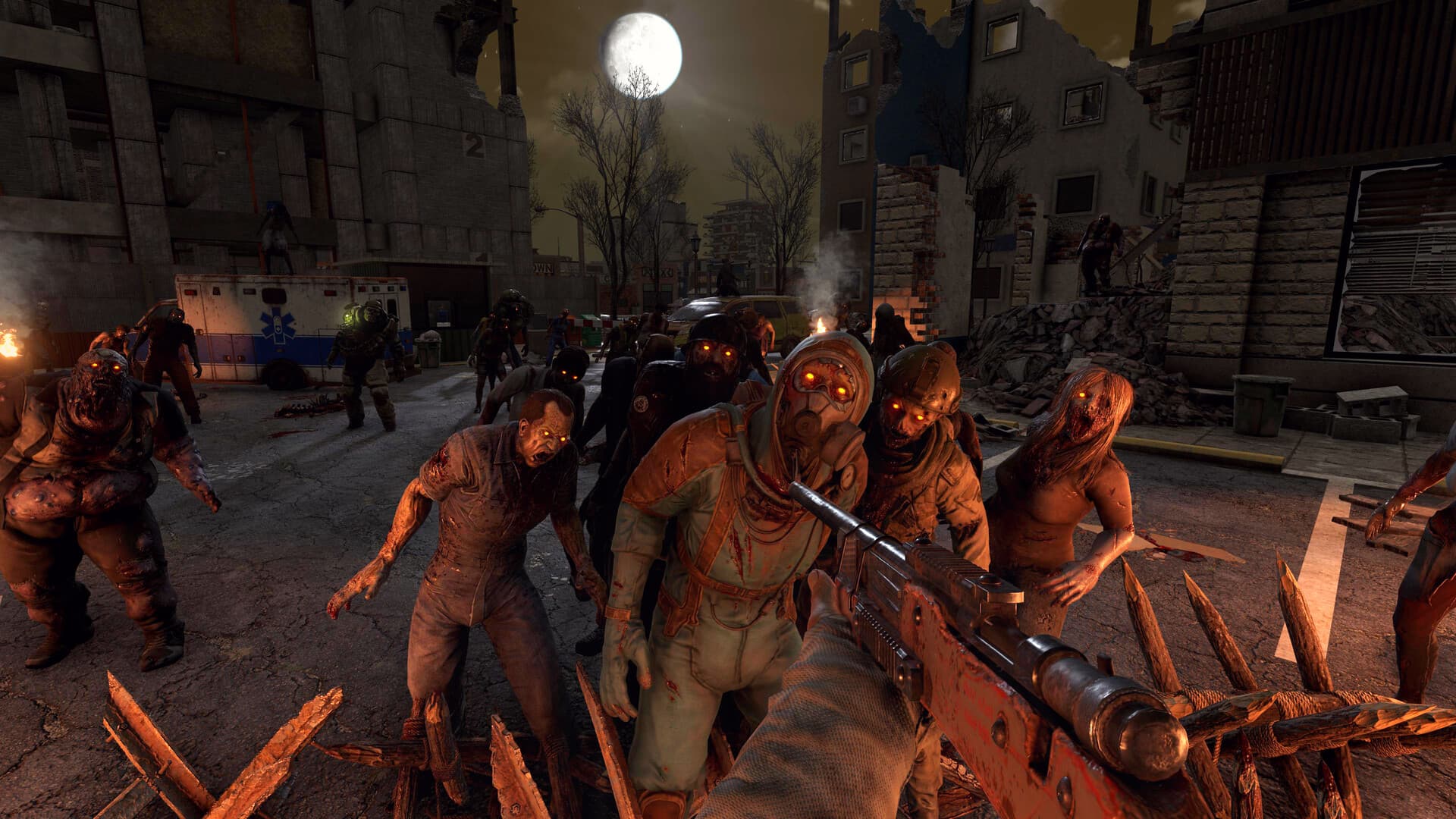 Zombies approaching a wooden spike defense