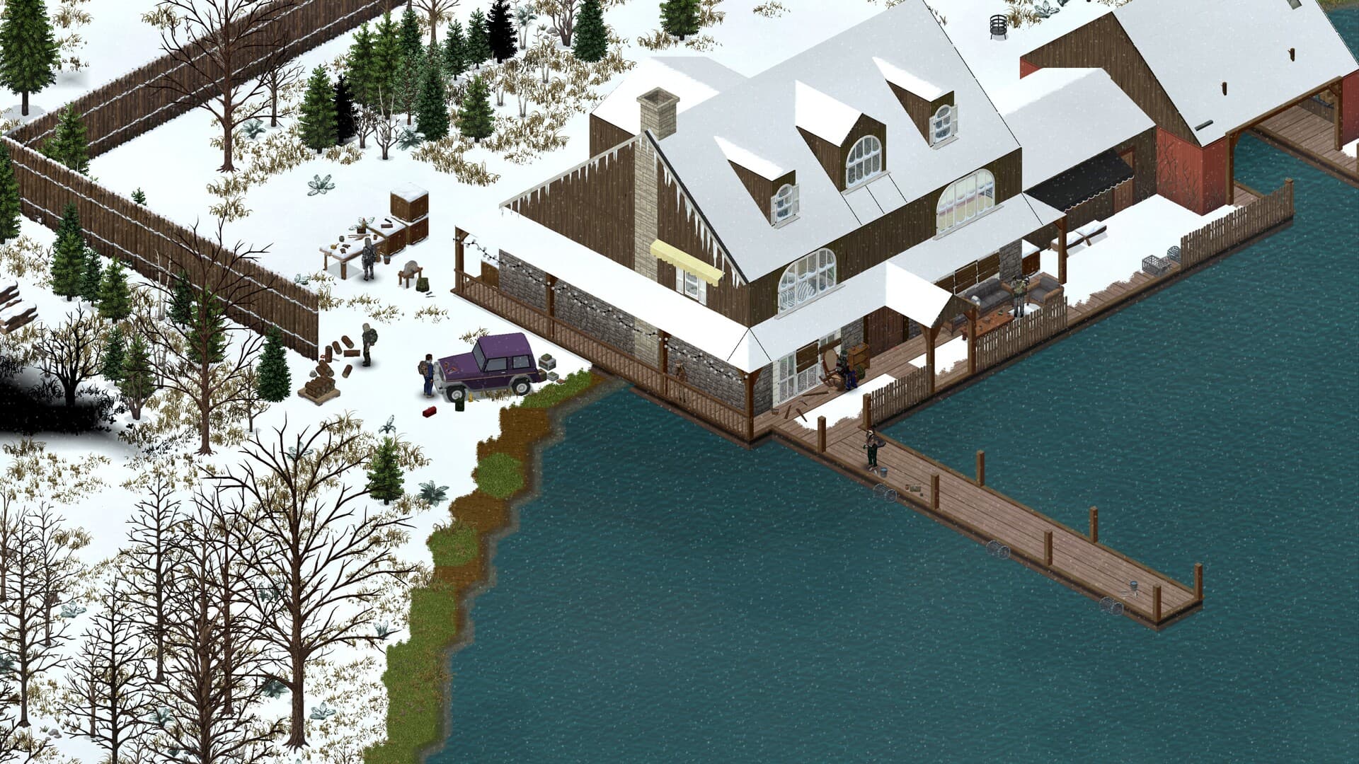 Snowy settlement with log fences, workshop and dock