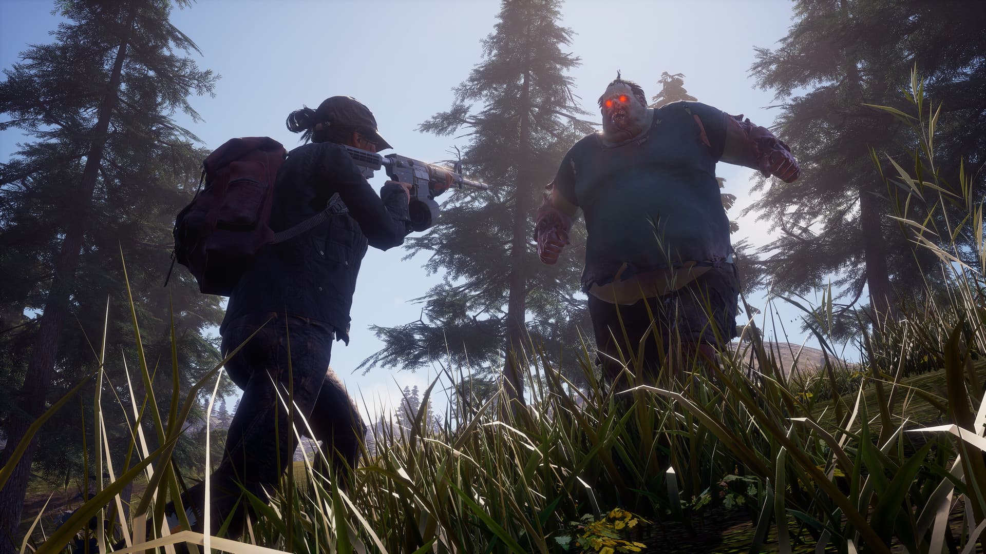 Survivor aiming at a blood-plague zombie