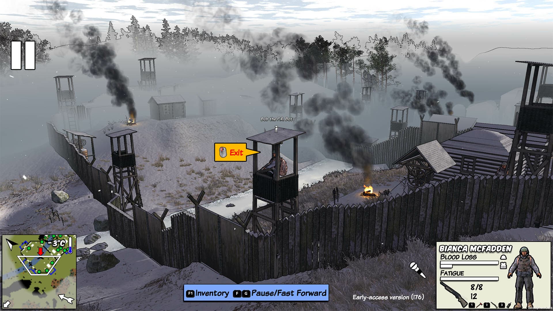 Snowy settlement with palisades and guard towers