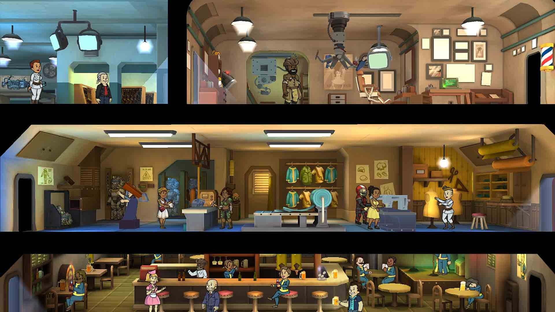 Vault residents work and socialize in Fallout Shelter's underground rooms.