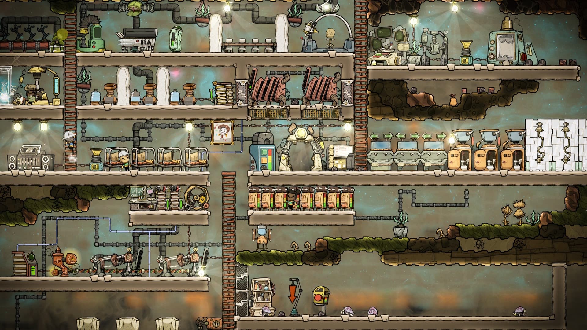 An Oxygen Not Included colony cutaway showing duplicants, rooms, pipes, and life-support equipment.