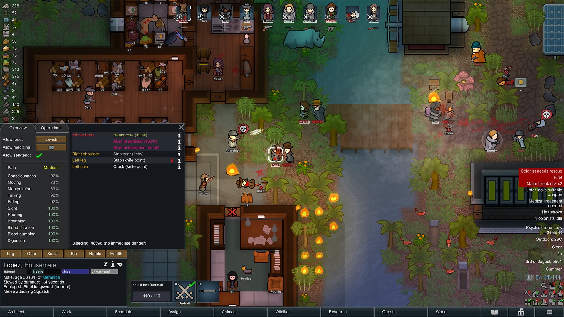 A RimWorld colony and resident-management interface during a dangerous settlement incident.