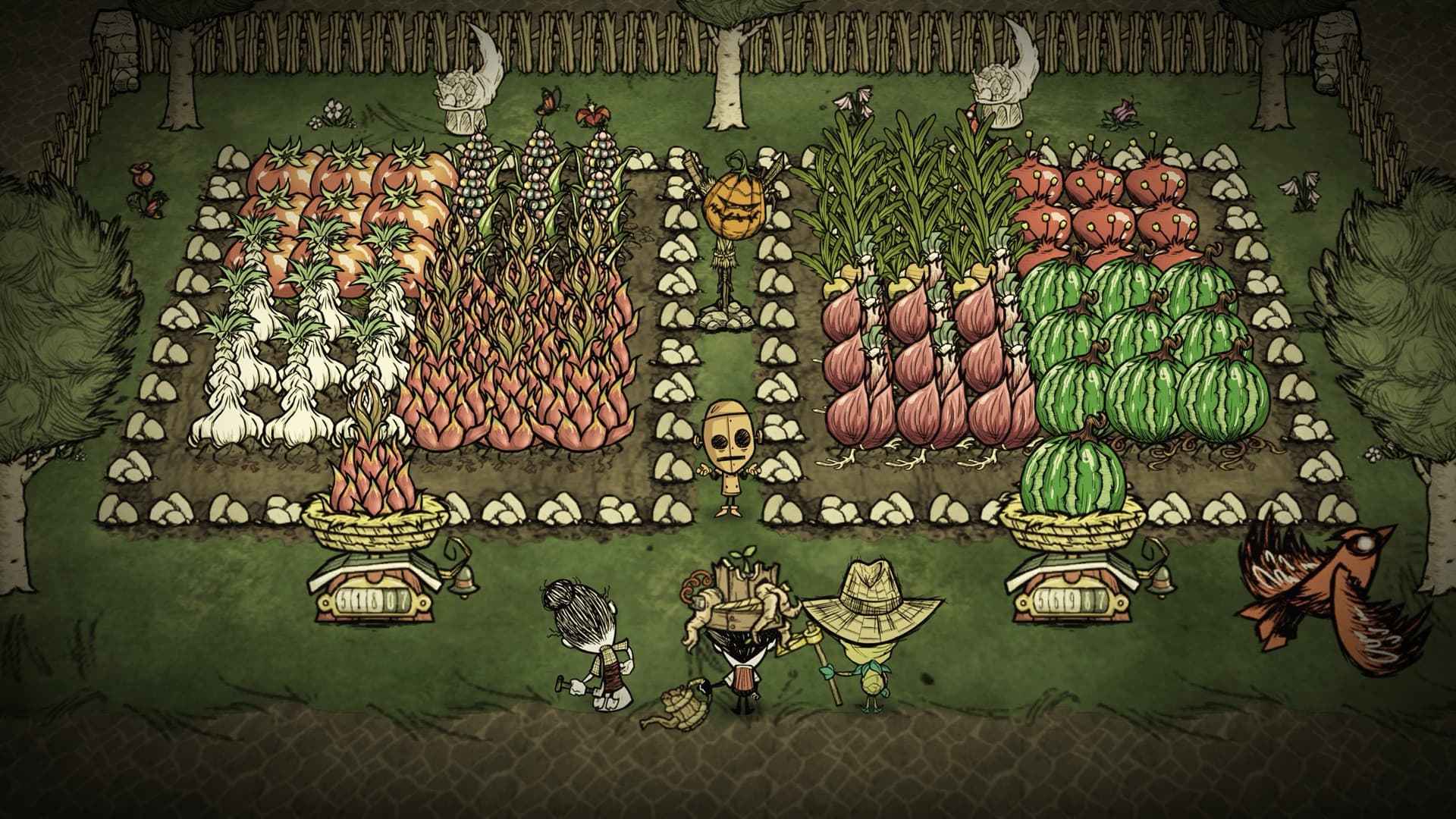 WX-78 und weitere Überlebende aus Don’t Starve Together neben Gemüsebeeten und Riesengemüse auf Waagen.