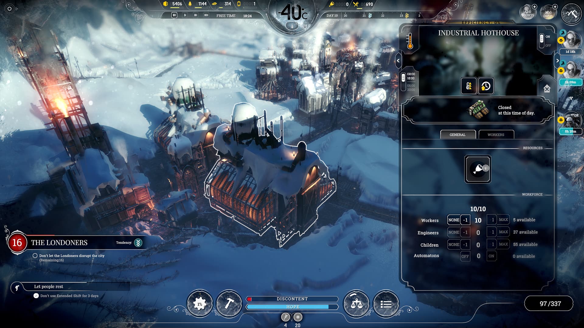 Frostpunk Industrial Hothouse selected beside a glowing generator, with workforce controls and the frozen city visible.