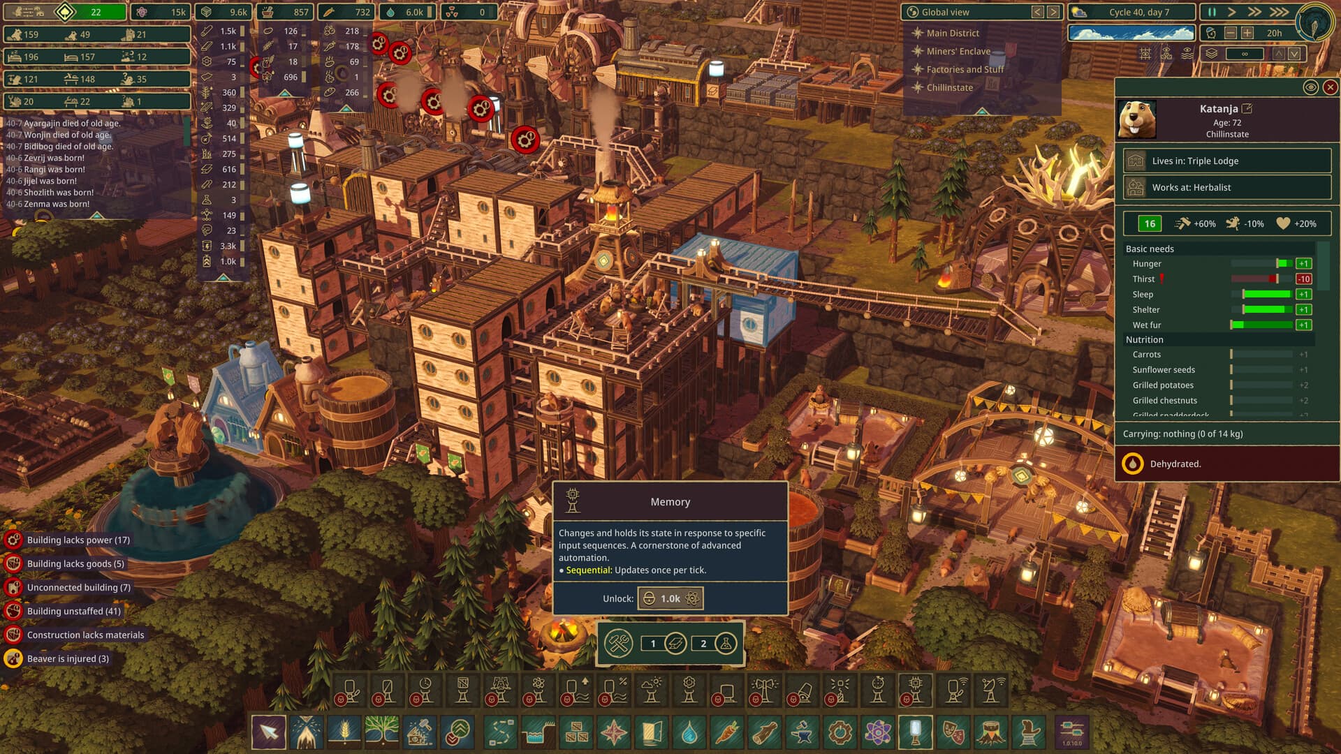 Timberborn beaver colony with stacked lodges, elevated walkways, resident needs and the construction toolbar visible.