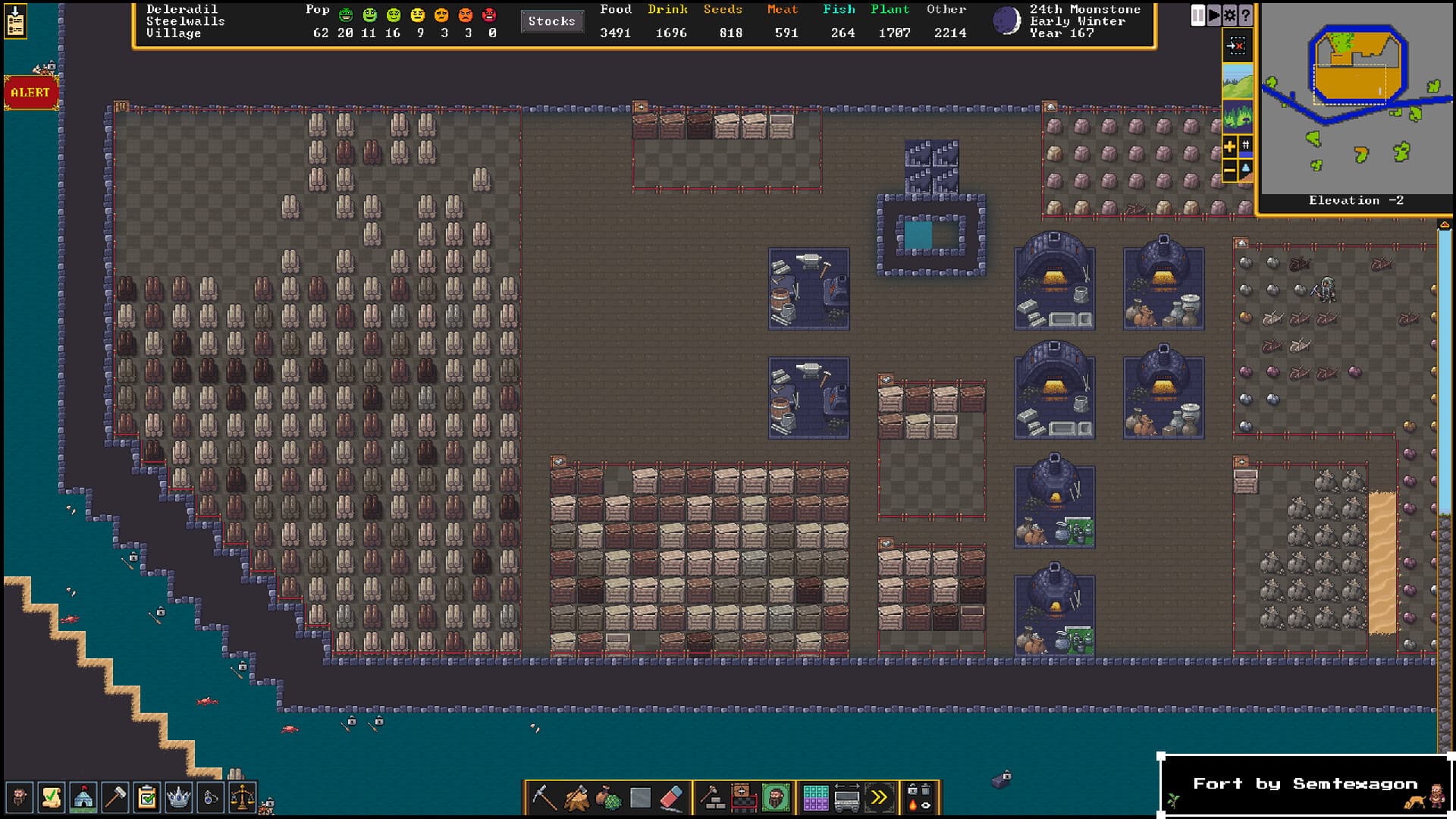 Industrieebene auf Höhe minus zwei in der grafischen Ausgabe von Dwarf Fortress, mit Werkstätten, Öfen, Lagerflächen und einem umlaufenden Wasserkanal.