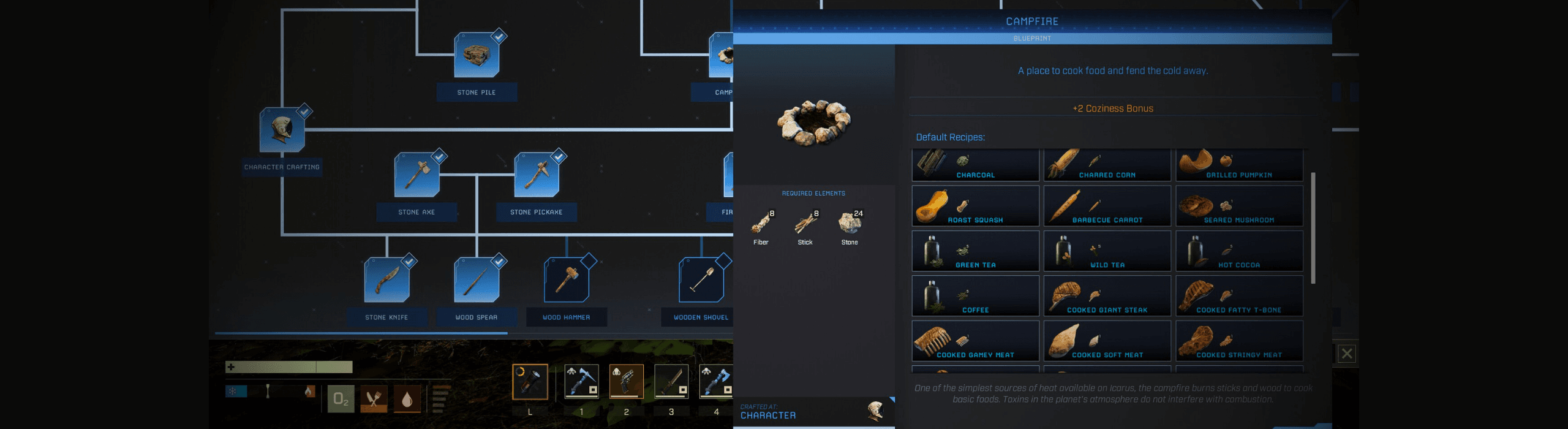 Der Tooltip des Lagerfeuer-Bauplans in ICARUS zeigt Materialvoraussetzungen und Kochrezepte über verbundenen grundlegenden Technologieknoten.
