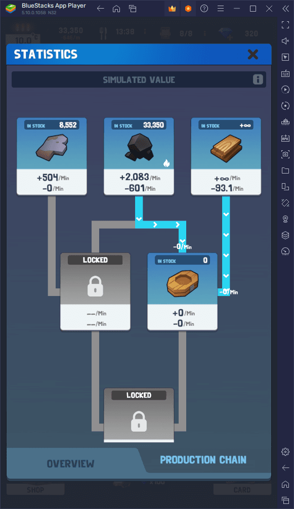 Produktionskettenstatistik von Frozen City mit Materialbeständen, Raten pro Minute und Verbindungen zwischen Gütern im BlueStacks-Emulator.