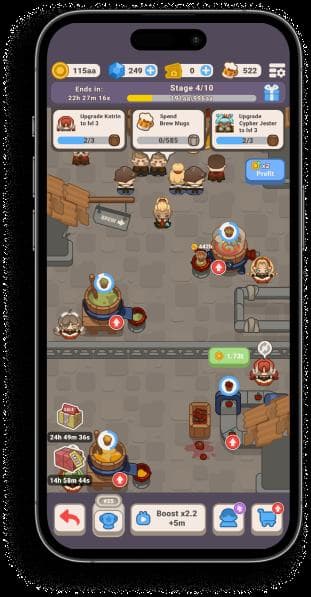 Historischer Ereignisbildschirm aus Idle Outpost mit Handelsstationen, Arbeitern, Währungen und Verbesserungsaufgaben innerhalb eines Telefonrahmens.