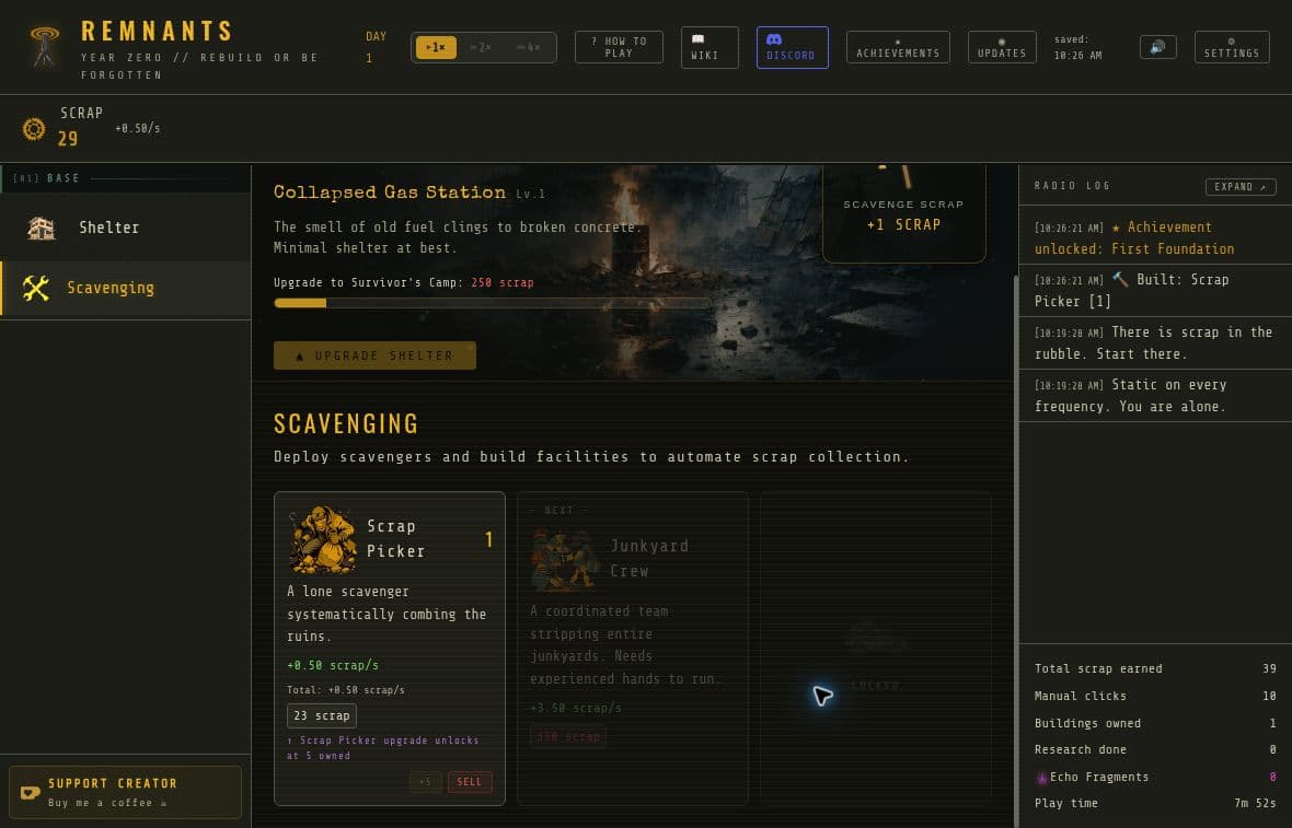 REMNANTS im Browser mit einem Schrottsammler, positiver Schrottproduktion, der Anforderung für den Bunkerausbau und dem Funkprotokoll.