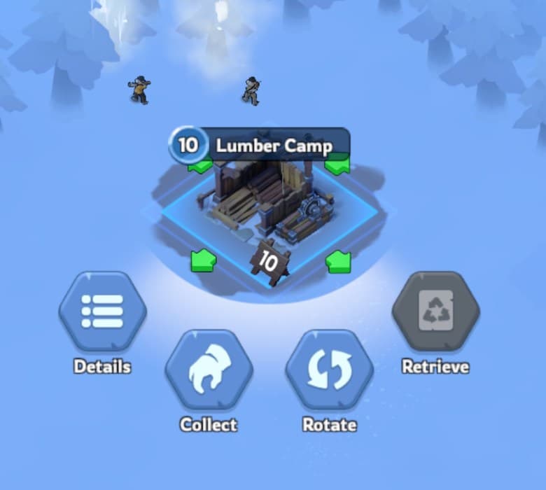 Daybreak Island in Whiteout Survival mit ausgewähltem Holzfällerlager auf Stufe zehn und sichtbaren Schaltflächen für Details, Einsammeln, Drehen und Zurückholen.