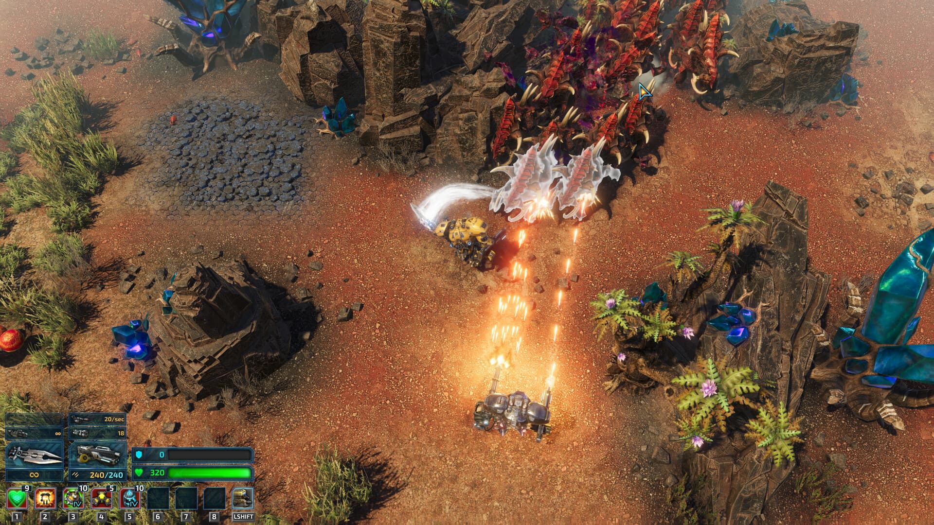 Der Mech aus The Riftbreaker schlägt mit einer Klinge nach angreifenden Alienkreaturen, während ein naher Turm feuert; das Kampf-HUD ist sichtbar.